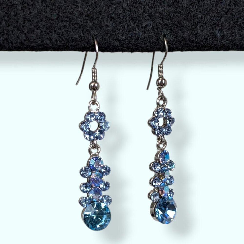 V. Blue Rhinestone & AB Crystal Dangling Earrings